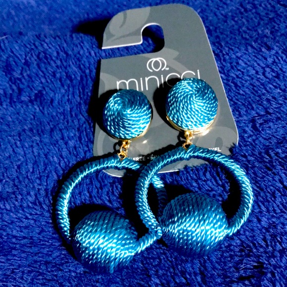 Blue/Gold Dangling Statement Earrings Textured Large Circle Hanging Blue Balls - Picture 1 of 4